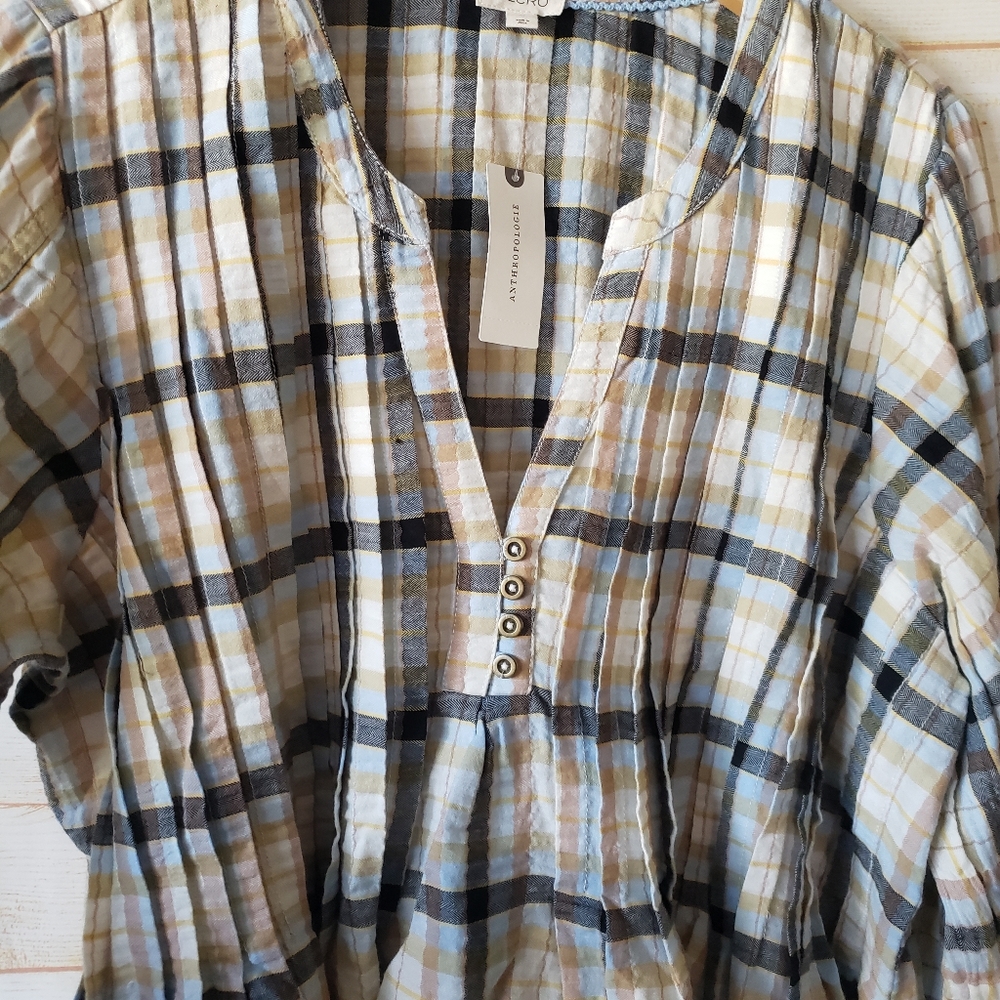 Pilcro Long Sleeve Pleated Plaid Relaxed Swing Blouse Size XL Cotton Elastane - Picture 8 of 15